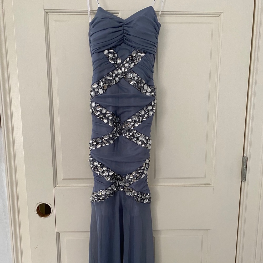 B. Darlin Strapless Gray Rhinestone Long Dress